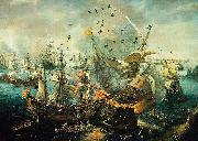 The explosion of the Spanish flagship during the Battle of Gibraltar, 25 April 1607.